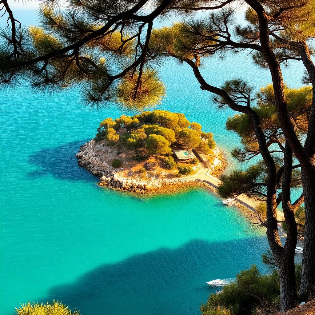 Île Sainte-Marguerite au large de Cannes, pins et eau turquoise